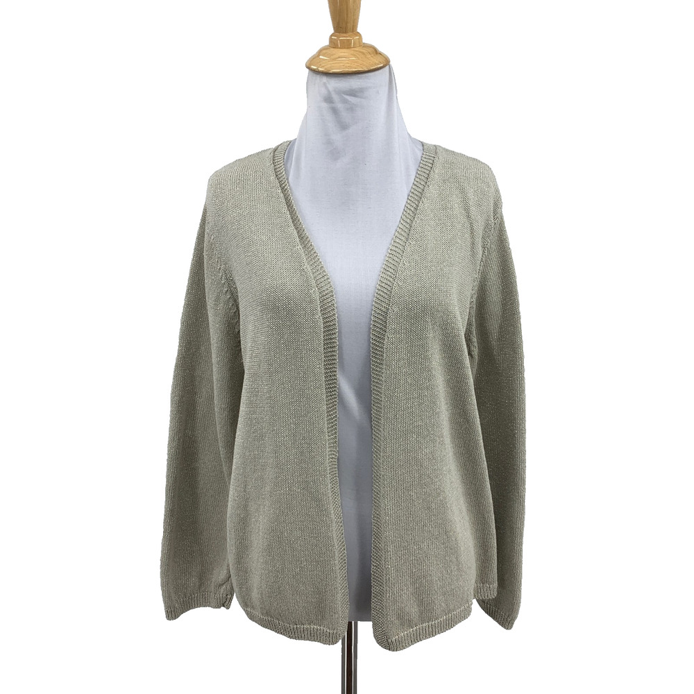 Eileen Fisher Cardigan Womens L Large Beige Open V Neck Metallic Knit Sweater